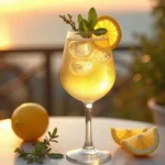 Strahlend gelber Limoncello Spritz im bauchigen Weinglas mit Eiswürfeln prickelndem Prosecco Zitronenscheibe und frischer Minze auf einem Terrassentisch