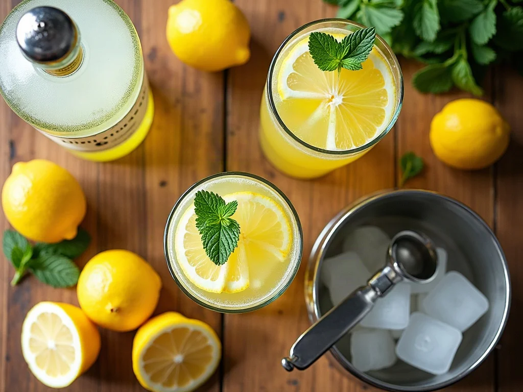 Frische Zutaten für Limoncello Spritz übersichtlich flach arrangiert mit Limoncello Prosecco Sodawasser Bio-Zitronen Minze und Eiswürfeln