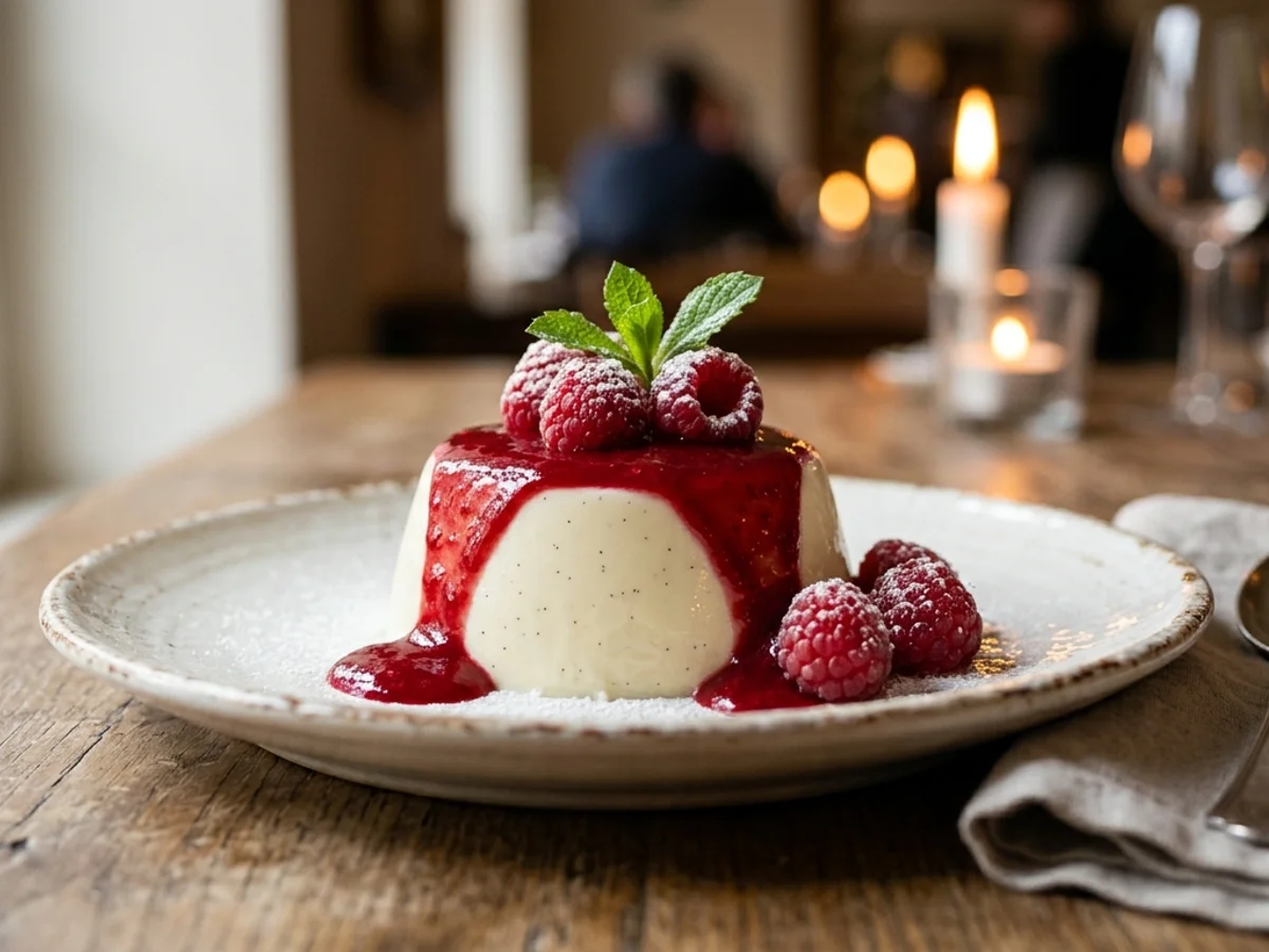 Cremige weiße Panna Cotta auf einem eleganten Dessertteller serviert mit fruchtiger roter Himbeersauce frischen Beeren und Minze