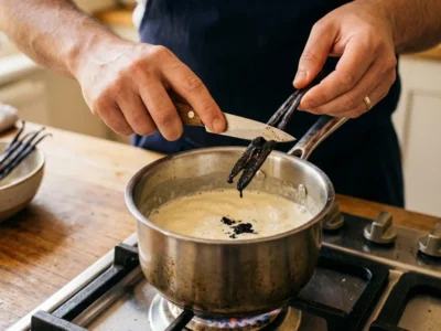 Gelatine einweichen und Vanilleschote auskratzen