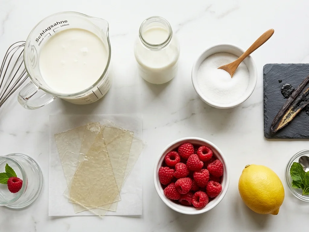 Frische Zutaten für Panna Cotta übersichtlich flach ausgelegt mit Schlagsahne Milch Zucker Bourbon-Vanille Blattgelatine und Himbeeren