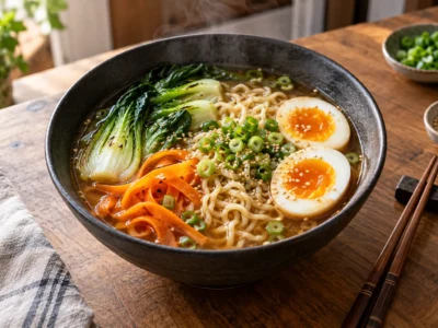Würzige Ramen-Nudelsuppe mit Ei Pak Choi Möhren und Frühlingszwiebeln