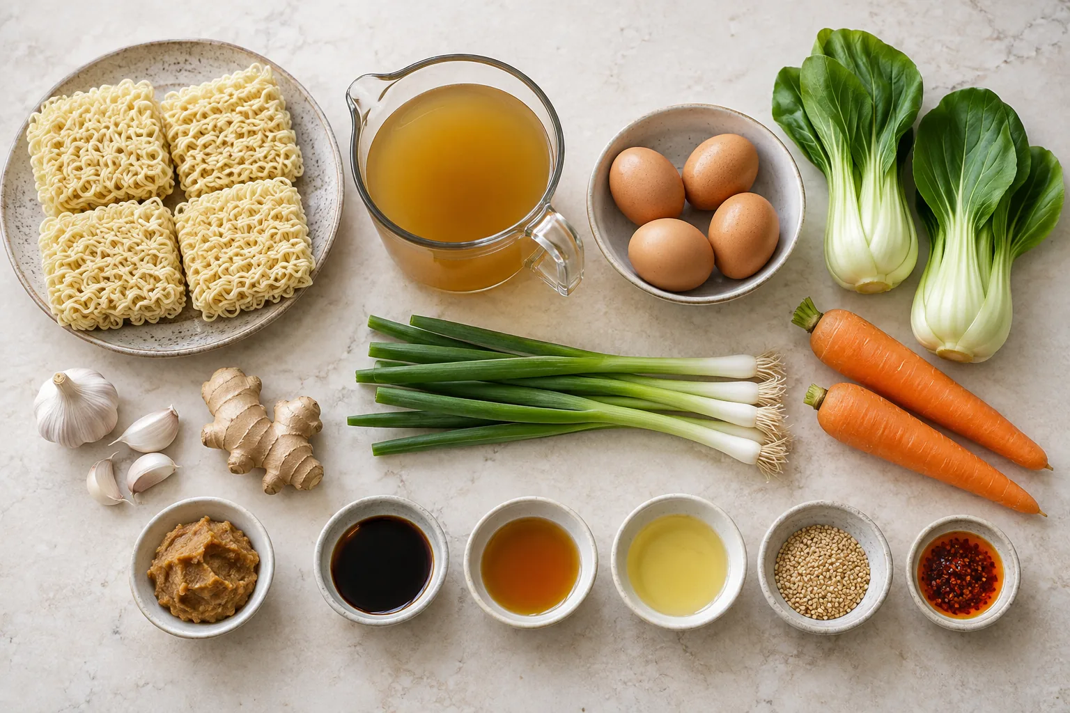 Zutaten für Ramen mit Nudeln Brühe Ei Pak Choi Möhren Misopaste Ingwer und Frühlingszwiebeln
