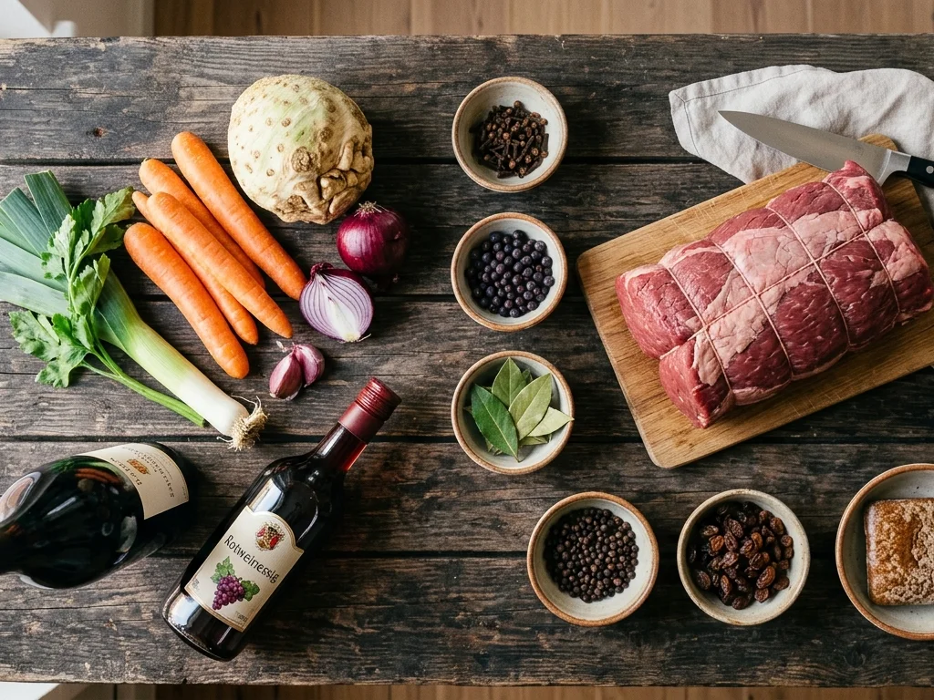 Frische Zutaten für Sauerbraten übersichtlich flach ausgelegt mit Rinderbraten Suppengrün Rotwein Essig Gewürzen Rosinen und Soßenlebkuchen