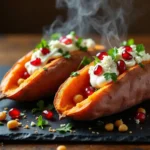 Zwei im Ofen karamellisierte ganze Süßkartoffeln aufgeschnitten und mit cremigem Kräuterdip Feta knusprigen Kichererbsen und Granatapfelkernen serviert