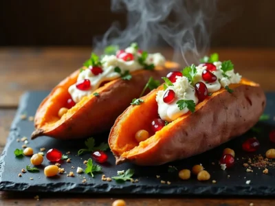 Süßkartoffel Rezepte: Gebackene Ofen-Süßkartoffel mit Feta und Kräuter-Dip