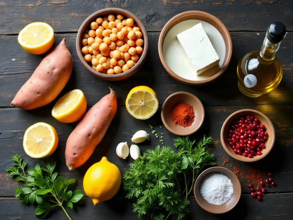 Frische Zutaten für Ofen-Süßkartoffeln flach arrangiert mit Süßkartoffeln Feta Kräuterquark Kichererbsen Zitrone Olivenöl und Gewürzen
