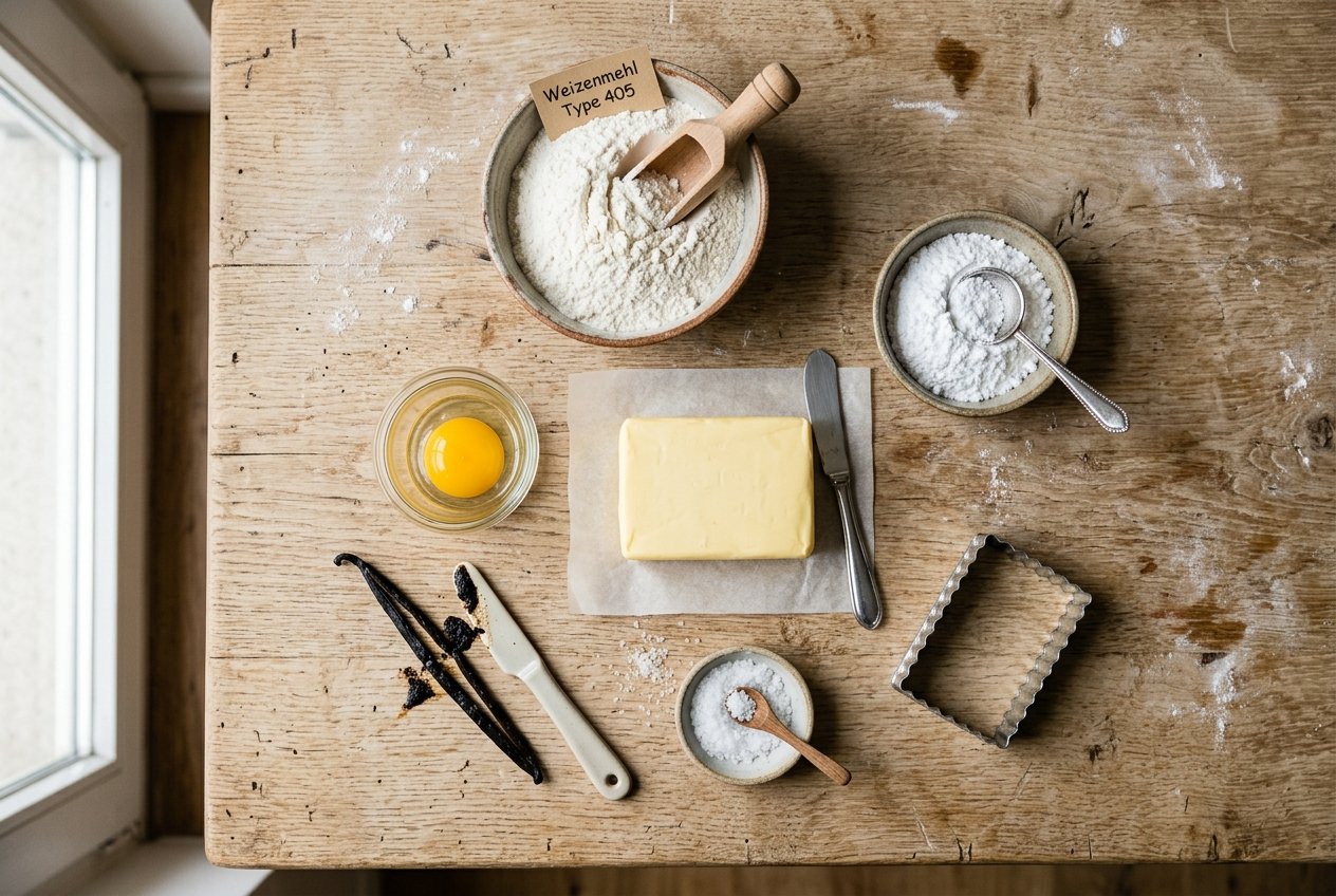Zutaten für Butterkekse: Butter, Mehl Type 405, Puderzucker, Eigelb, Bourbon-Vanille und Salz