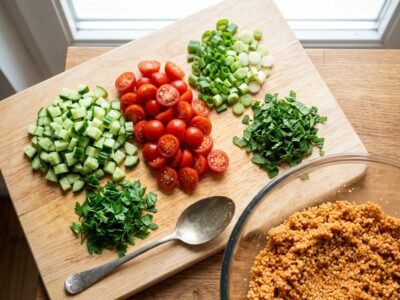 Gemüse und frische Kräuter unterheben