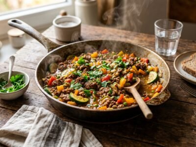 Gemüse Hackfleisch Pfanne: Schnelle bunte Feierabend-Pfanne in 25 Minuten