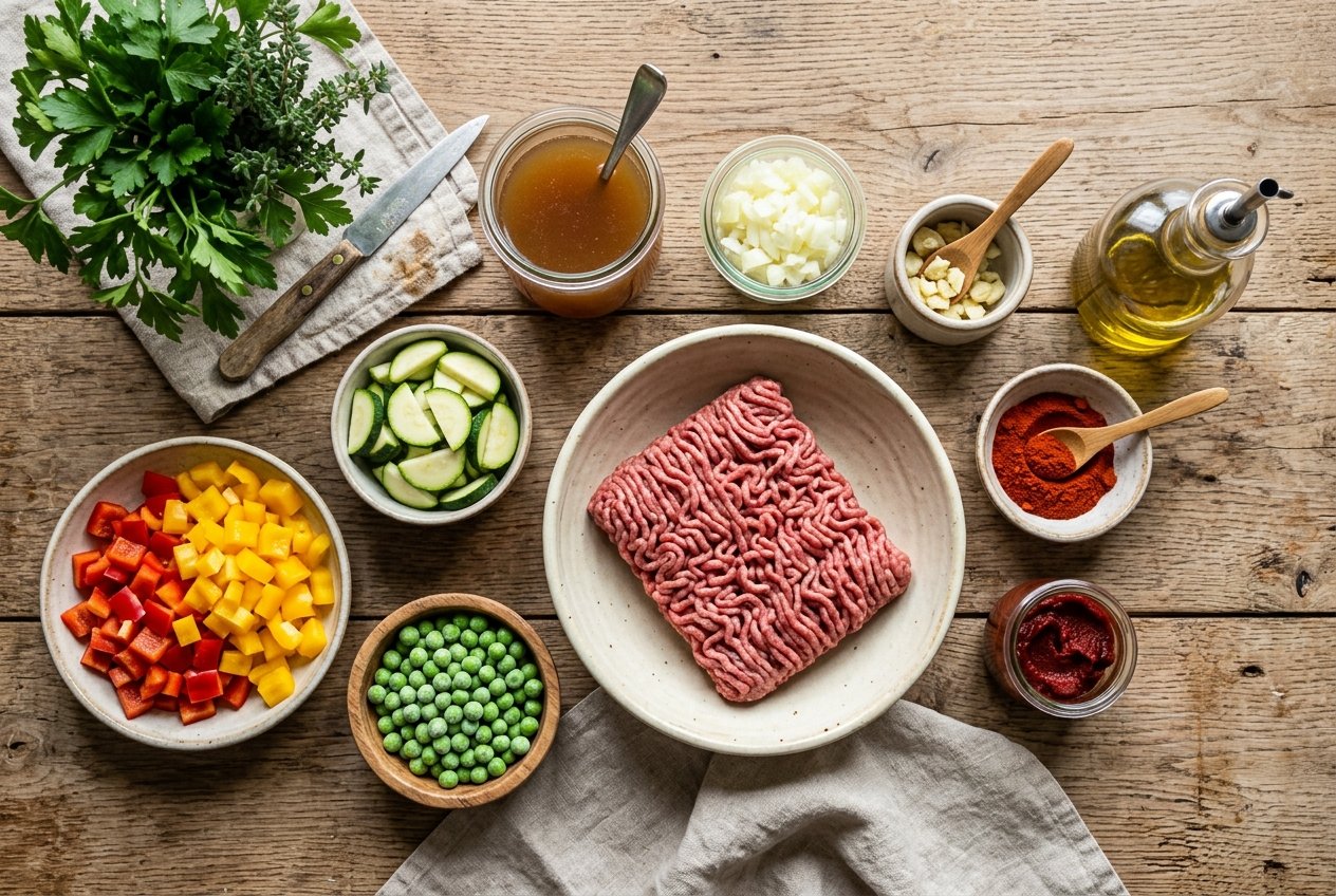 Zutaten für Gemüse Hackfleisch Pfanne: Rinderhackfleisch, Paprika, Zucchini, Erbsen, Zwiebel, Knoblauch und Brühe