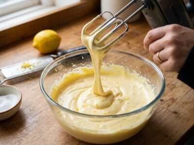 Eigelb mit Zucker und Zitrone cremig rühren