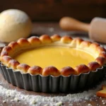 Goldgelb gebackener knuspriger Mürbeteigboden in einer Tarteform auf einem bemehlten Holztisch mit Teigkugel Nudelholz und Plätzchen