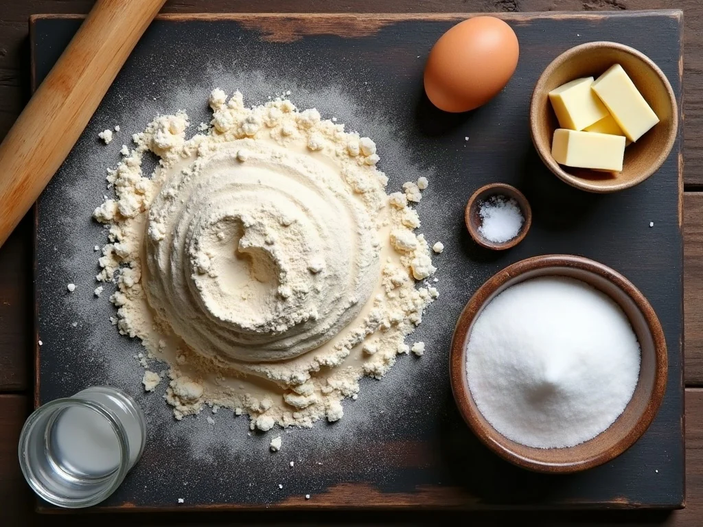 Die klassischen Zutaten für 3-2-1 Mürbeteig übersichtlich flach arrangiert mit Mehl kalter Butter Zucker Ei Salz und Vanille