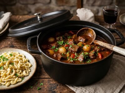 Ofengulasch: Zart geschmortes Rindergulasch aus dem Ofen wie von Oma