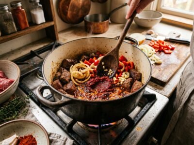 Zwiebeln, Paprika & Tomatenmark anrösten