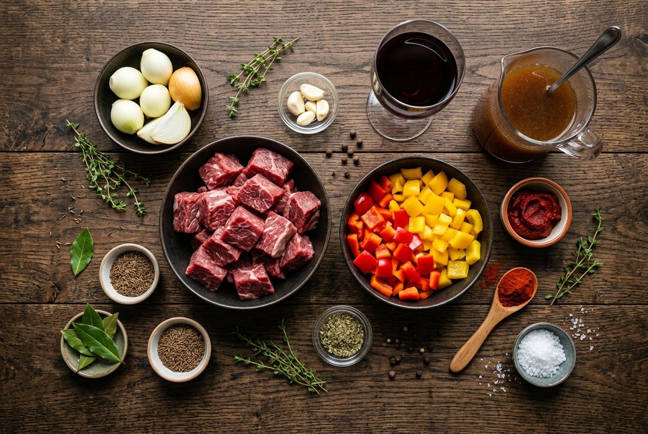 Zutaten für klassisches Ofengulasch: Rindfleisch, Paprika, Zwiebeln und Rotwein