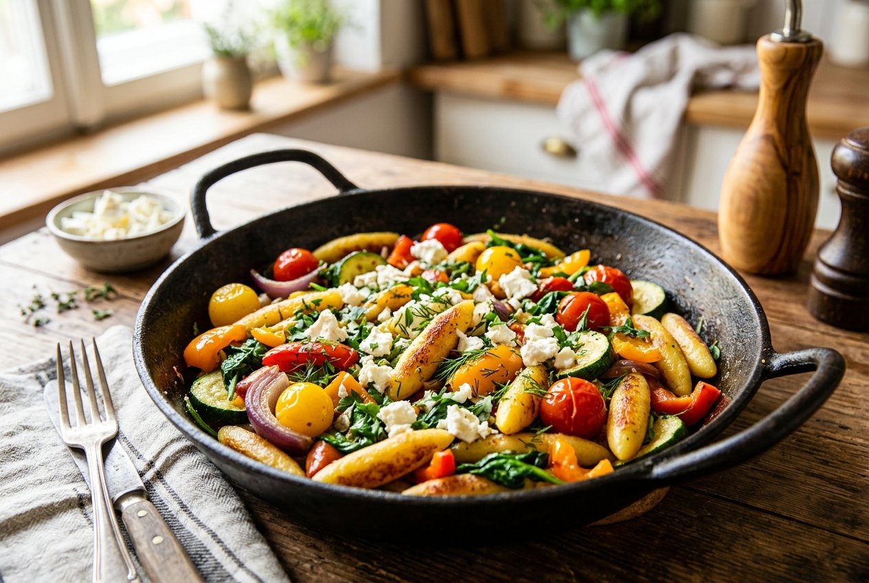 Bunte Schupfnudeln mit GemÃƒÂ¼se und Feta aus der Pfanne