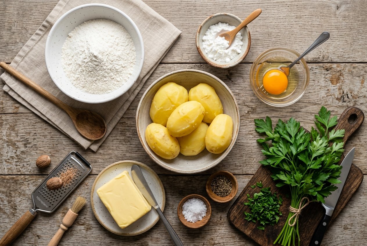 Zutaten für Schupfnudeln: Kartoffeln, Mehl, Stärke, Eigelb, Butter, Muskat und Petersilie